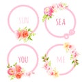 Cute bouquets and pink sea rope round vector design frame set Royalty Free Stock Photo