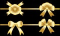 Cute bows. Set of decorative gold bowls with horizontal golden ribbon isolated on black background.