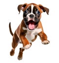 Cute boxer puppy jumping. Playful dog cut out at background