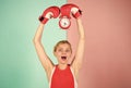 Cute boxer wow. time to fight. time for success. win the day. surprised woman boxing gloves. girl boxer hold alarm clock Royalty Free Stock Photo