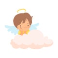 Cute Boy Angel with Nimbus and Wings Sitting on Cloud, Lovely Baby Cartoon Character in Cupid or Cherub Costume Vector Royalty Free Stock Photo