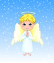 Cute boy angel on a winter background with snowflakes