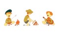 Cute Boy as Junior Scout Making Fire and Playing Guitar at Campsite Vector Set