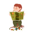 Cute Boy as Junior Scout Sitting on Stub and Examining Map Vector Illustration