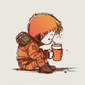 Cute Boy Astronaut drinking Soda. Cartoon Sketch Vector Illustration Royalty Free Stock Photo