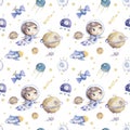 Cute boy astronaut with rocket and planets background seamless pattern watercolor colorful cosmic kid cartoon illustration with Royalty Free Stock Photo