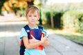 Cute boy with backpack going to school. Child of primary school. Pupil go study with backpack and books Royalty Free Stock Photo