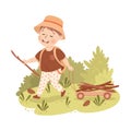 Cute Boy with Backpack Hiking and Trekking Exploring Nature Pulling Trolley with Brushwood Vector Illustration Royalty Free Stock Photo