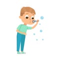 Cute Boy Blowing Soap Bubbles Through Wand, Adorable Little Kid Playing with Soap Bubbles Cartoon Style Vector Royalty Free Stock Photo