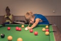 Cute boy in blue t shirt plays billiard or pool in club. Young Kid learns to play snooker. Boy with billiard cue strikes the ball