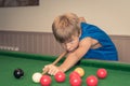 Cute boy in blue t shirt plays billiard or pool in club. Young Kid learns to play snooker.