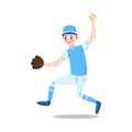 The teenage boy baseball player in a blue uniform shows the caught ball. Vector illustration in the flat cartoon style. Royalty Free Stock Photo