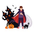 Cute boy in bright Halloween Dracula costume with pumpkins and castle illustration celebrate holiday. Actor in theater