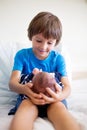 Cute boy, brother, meeting for the first time his new baby broth Royalty Free Stock Photo