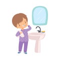 Cute Boy Brushing his Teeth in Bathroom, Preschool Kid Daily Routine Activity Cartoon Vector Illustration