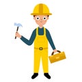 Cute boy builder in cartoon style. Funny construction worker kid isolated on white background Royalty Free Stock Photo