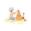 Cute Boy Building Sandcastle, Kid Playing on Beach on Summer Holidays Vector Illustration Royalty Free Stock Photo