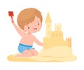 Cute Boy Building Sandcastle, Kids Summer Activities, Adorable Child Having Fun on Beach on Holidays Cartoon Vector Royalty Free Stock Photo