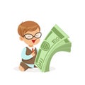 Cute boy businessman holding stack of money, kids savings and finance, richness of childhood vector Illustration