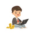 Cute Boy Businessman Working On His Laptop And Earning Money, Kids Savings And Finance Vector Illustration