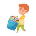 Cute Boy Carrying Bucket with Different Toys in Playroom Vector Illustration