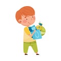 Cute Boy Carrying Pile of Different Toys in Playroom Vector Illustration