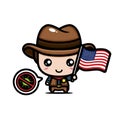 Cute male cartoon character holding the USA state flag against the virus