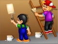 Cute boy cartoon painting wall with smiling