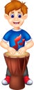 Cute boy cartoon playing drum with smile