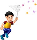 Cute boy cartoon running with smile and catching butterfly Royalty Free Stock Photo