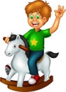 Cute boy cartoon sitting up horse with smiling and waving Royalty Free Stock Photo