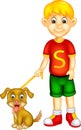 Cute boy cartoon standing bring dog with smile Royalty Free Stock Photo