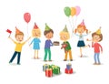 Cute boy celebrating birthday with her friends. Vector isolated