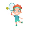 Cute Boy Character with Headband Playing Tennis Vector Illustration Royalty Free Stock Photo