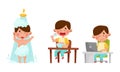 Cute Boy Character Showering in the Bathroom, Eating and Sitting at Table with Laptop Vector Illustrations Set