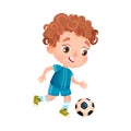 Cute Boy Character Wearing Trainers Playing Football Vector Illustration