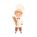 Cute Boy Chef Cook Holding Fresh Baked Loaf of Bread, Kid in Chef Uniform Cooking in Kitchen Cartoon Style Vector Royalty Free Stock Photo