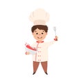 Cute Boy Chef Cook Mixing Ingredients in Bowl, Smiling Kid in Chef Uniform Cooking in Kitchen Cartoon Style Vector Royalty Free Stock Photo