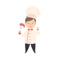 Cute Boy Chef Cooking Meat Steak, Kid in Chef Uniform Cooking in Kitchen Cartoon Style Vector Illustration Royalty Free Stock Photo