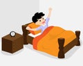 Cute boy or child walk up at bed on morning time isolated on background. Vector illustration in flat cartoon style