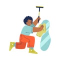 Cute Boy Cleaning and Housekeeping Wiping Mirror Vector Illustration