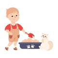 Cute Boy Cleaning Litter Box Doing Housework and Housekeeping Vector Illustration