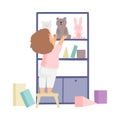 Cute Boy Cleaning Up His Toys and Putting Them In Cupboard, Kid Doing Housework Chores at Home Vector Illustration Royalty Free Stock Photo