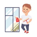 Cute Boy Cleaning Window, Kid Helping his Parents with Housework or Doing Household Chores Cartoon Style Vector Royalty Free Stock Photo