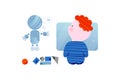 Cute boy is coding charming robot. Children coding and code training design concept in flat style