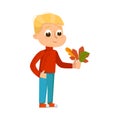 Cute Boy Collecting Herbarium of Colorful Autumn Leaves, Happy Kid Playing Outdoors in Autumn Cartoon Style Vector