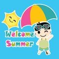 Cute Boy with colorful umbrella beach vector cartoon, Summer postcard, wallpaper, and greeting card Royalty Free Stock Photo