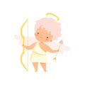 Cute Boy Cupid with Nimbus and Wings with Bow and Arrow, Lovely Baby Cartoon Character in Angel or Cherub Costume Vector Royalty Free Stock Photo