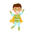 Cute Boy with Dark Hair Wearing Superhero Costume and Waving Hand Vector Illustration