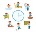 A cute boy in different situations vector illustration. Daily routine with blue simple watches. Isolated on white Royalty Free Stock Photo